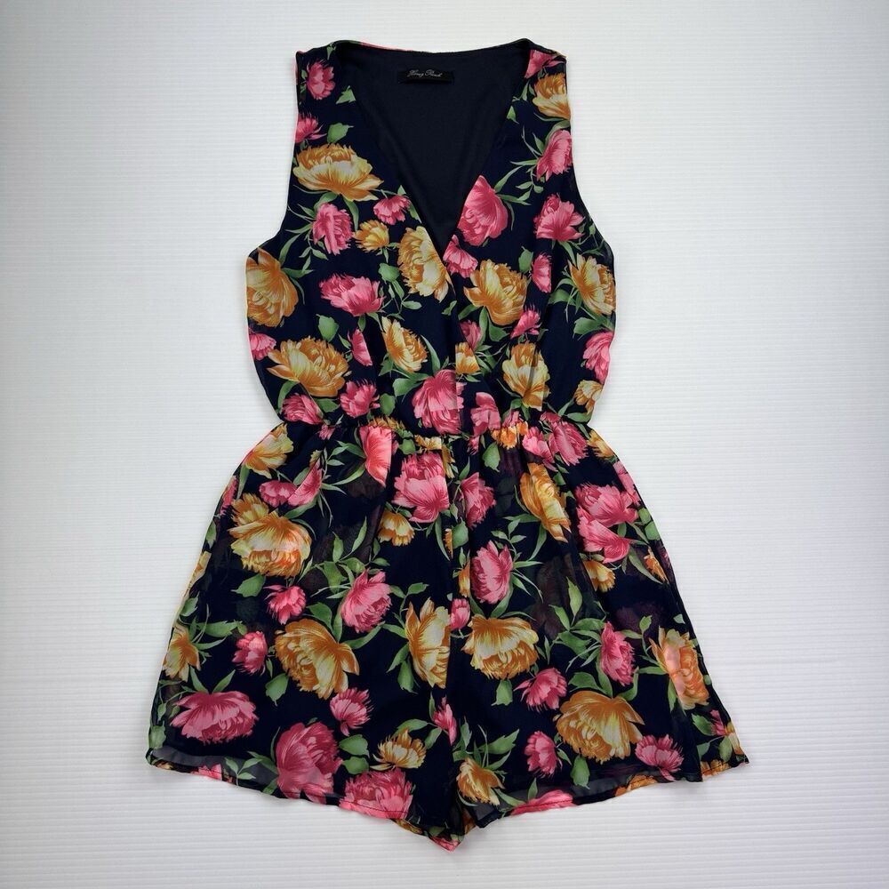 Honey Punch Sleeveless Short Romper Jumpsuit Size Small V-Neck Blue Floral